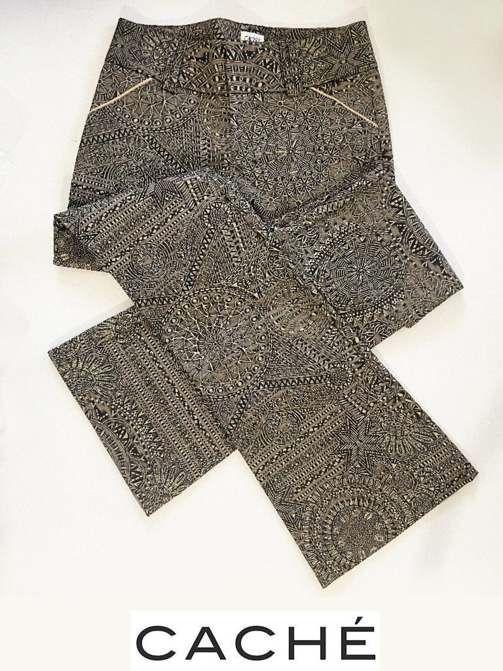 Cache Vintage Textured Gold Embossed Brown Luxe Women's Pants | Size 0 | EUC